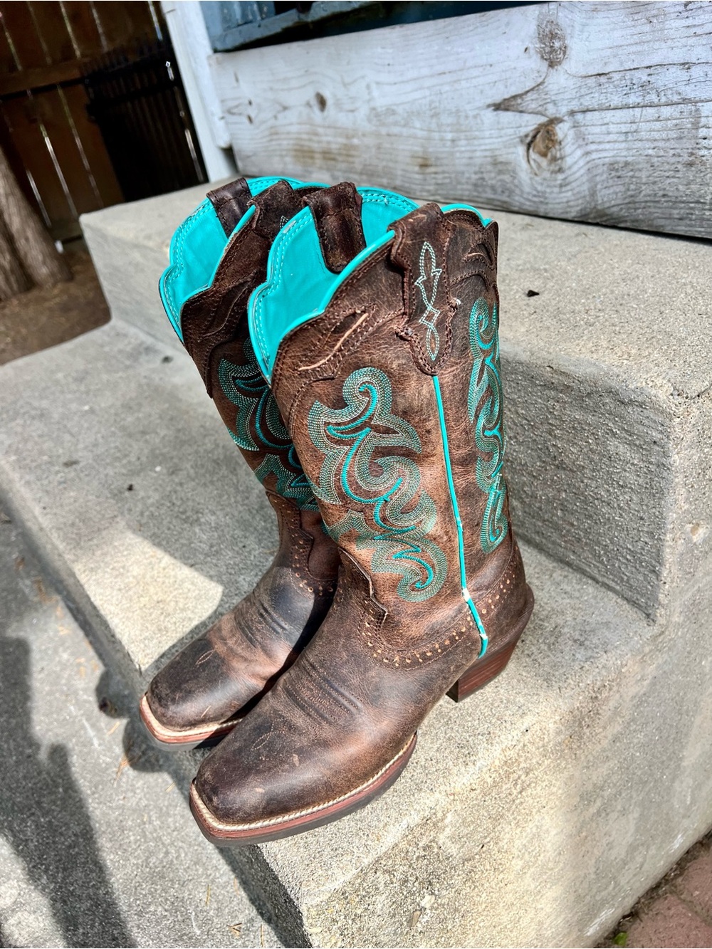 Justin equestrian western cowgirl boot brown turquoise Stampede Collection 6 6.5